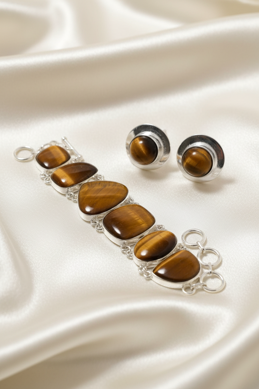 Montecito Tiger’s Eye Sterling Silver Jewelry Set – One of a Kind Tiger’s Eye Bracelet & Stud Earrings