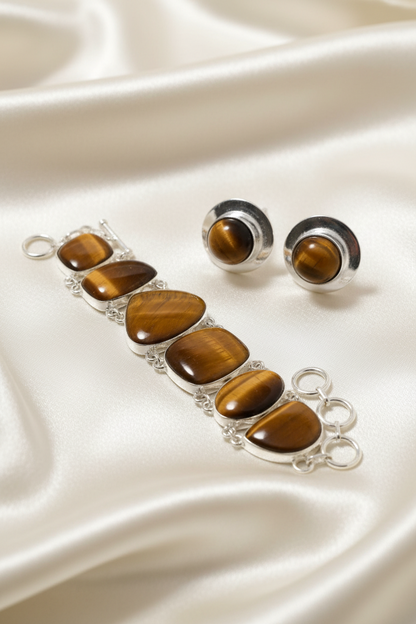 Montecito Tiger’s Eye Sterling Silver Jewelry Set – One of a Kind Tiger’s Eye Bracelet & Stud Earrings