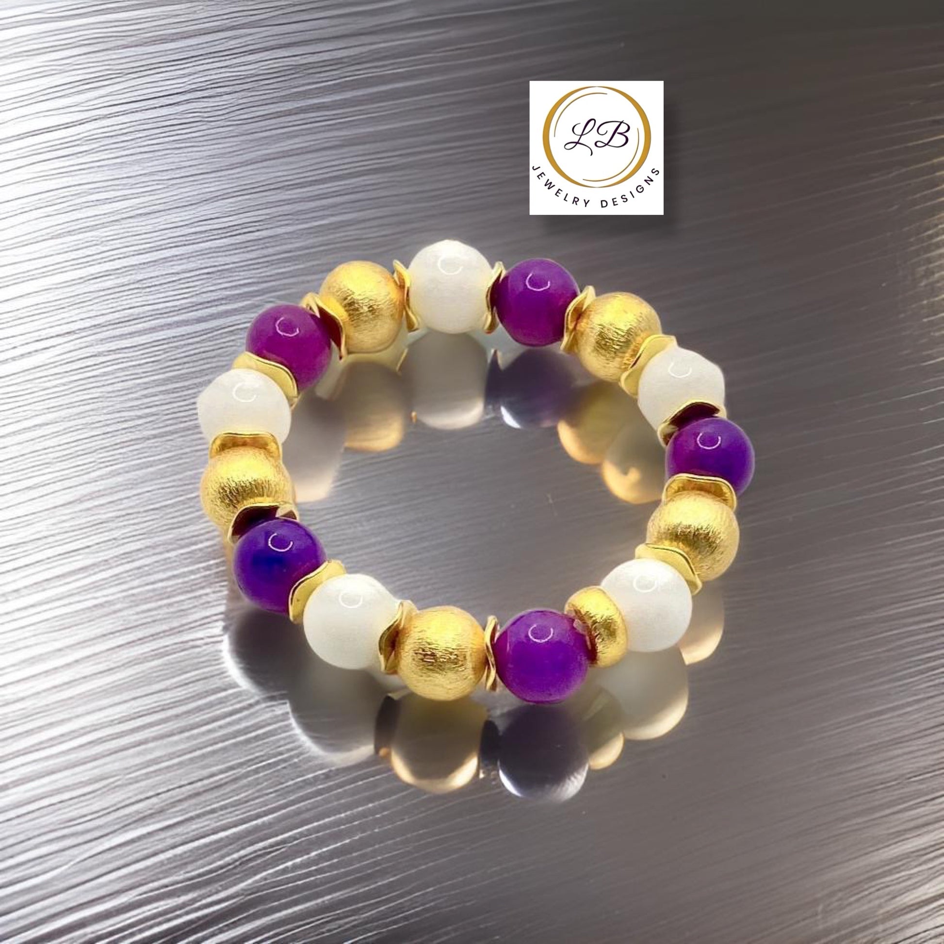 Purple Sugilite & White Alabaster Gold Bracelet