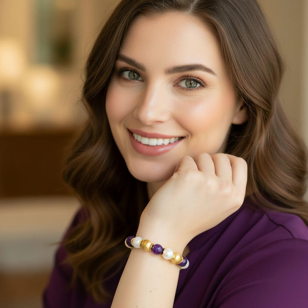 Purple Sugilite & White Alabaster Gold Bracelet