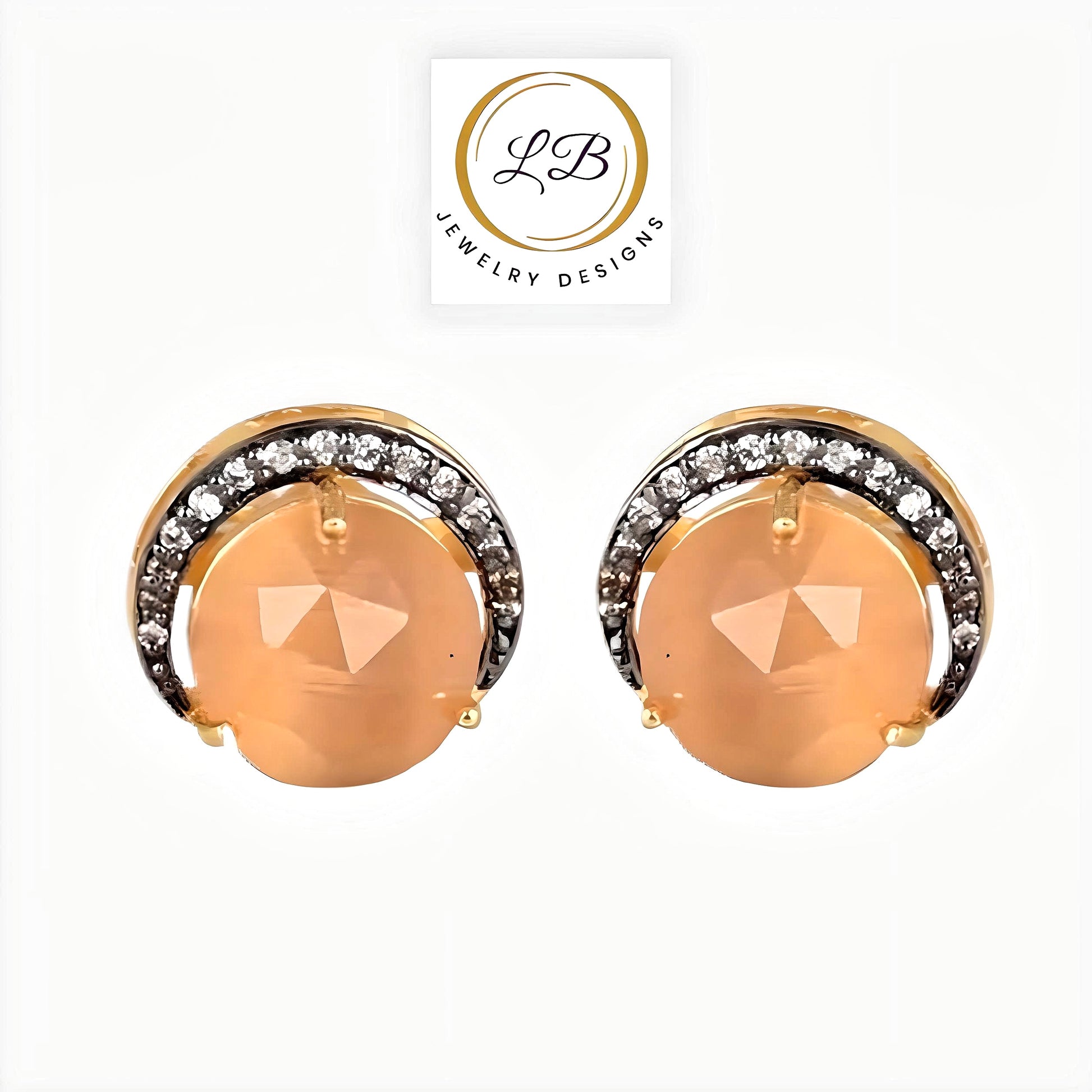 Crescent Moon Peach Moonstone Gold Stud Earrings