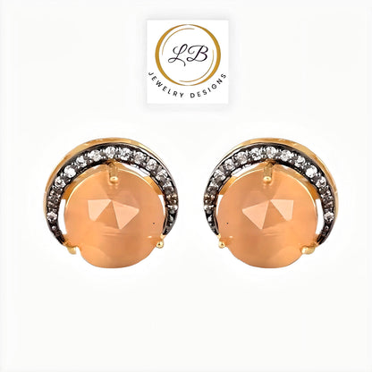 Crescent Moon Peach Moonstone Gold Stud Earrings