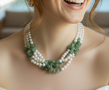 Capri Freshwater Pearl & Green Aventurine Triple Strand Necklace – Luxury Coastal Statement Jewelry