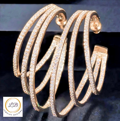 Gold Hoop Triple Circle Micro Pave Geometric Earrings