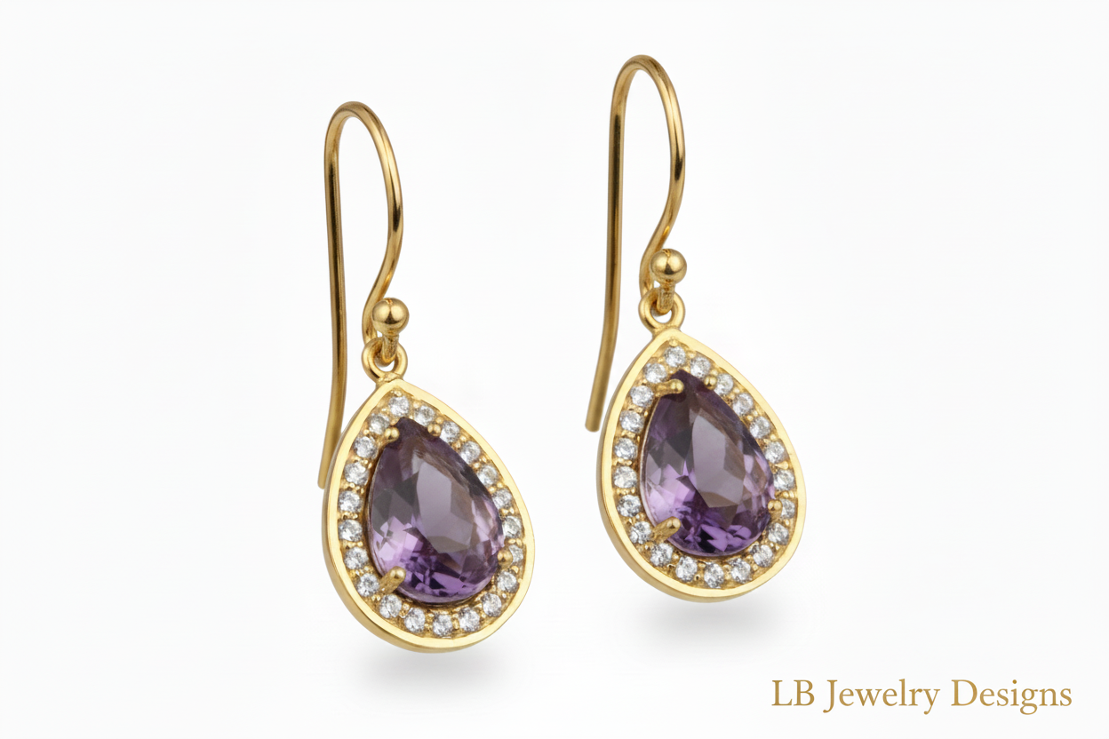 Purple Amethyst & White Topaz Gemstone Earrings 1”