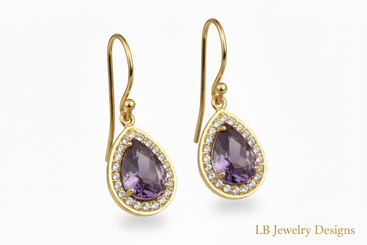 Purple Amethyst & White Topaz Gemstone Earrings 1”