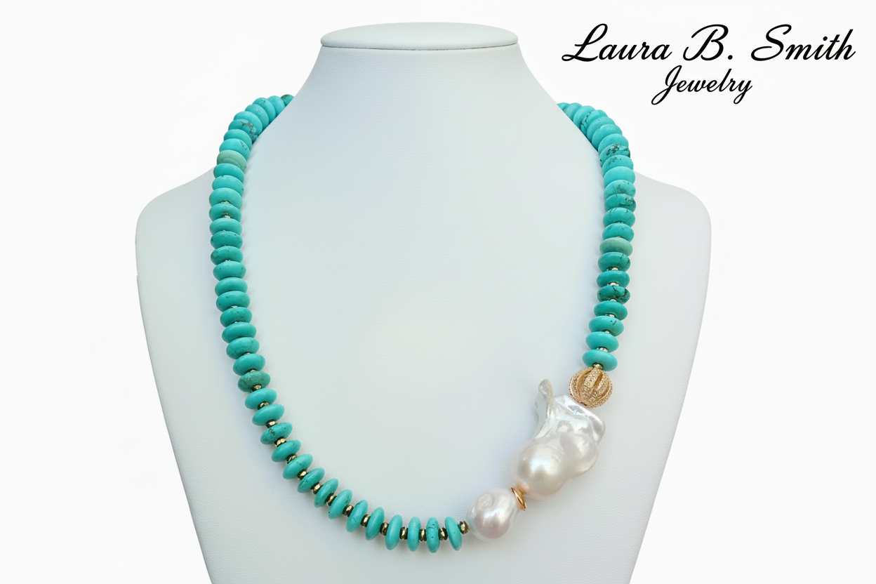 Turquoise and Keshi Pearl Statement Necklace - Gold Vermeil Coastal Luxury Necklace