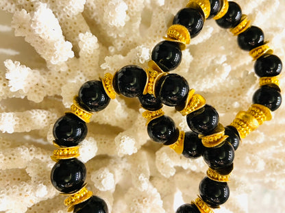Classic Black Onyx Gemstones & 18k Gold Beaded Bracelets