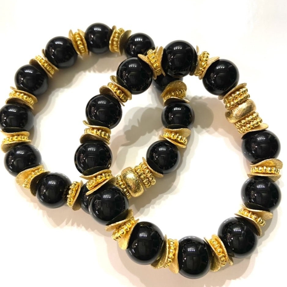 Classic Black Onyx Gemstones & 18k Gold Beaded Bracelets