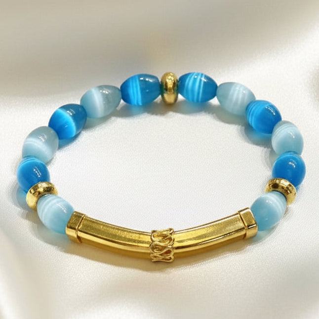 Capri Sky Blue Mexican Fire Opal & Gold Vermeil Bali Bracelet | One-of-a-Kind