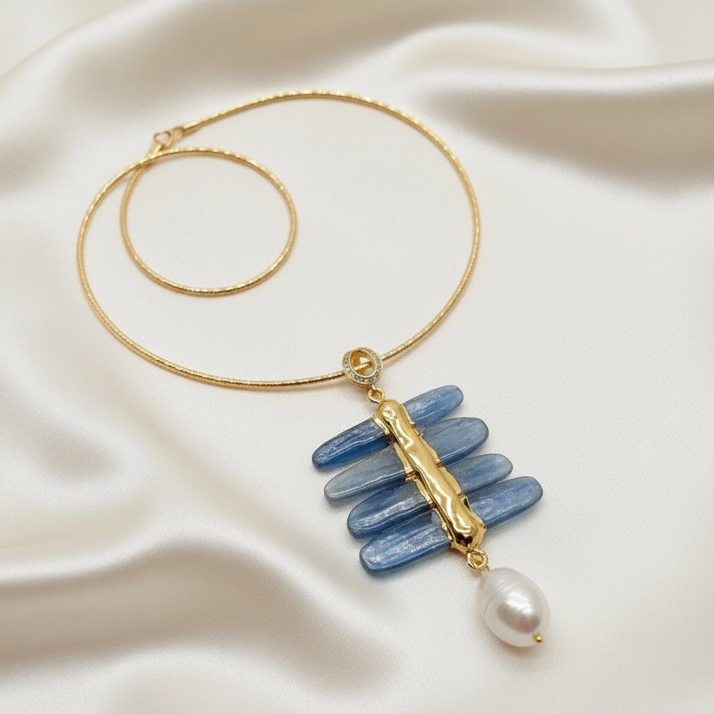 Capri Bleu Kyanite & Pearl Pendant Necklace – Luxury Blue Kyanite Gold Vermeil Necklace