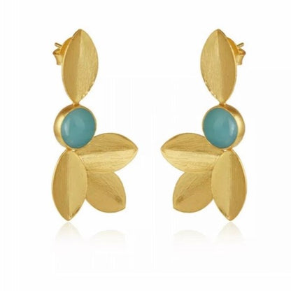 Aquamarine Leaf Design 22k Brushed Gold Vermeil Statement Earrings