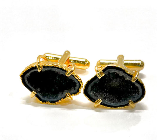 Cufflinks - Black Druzy/Geode Gold Electroplated