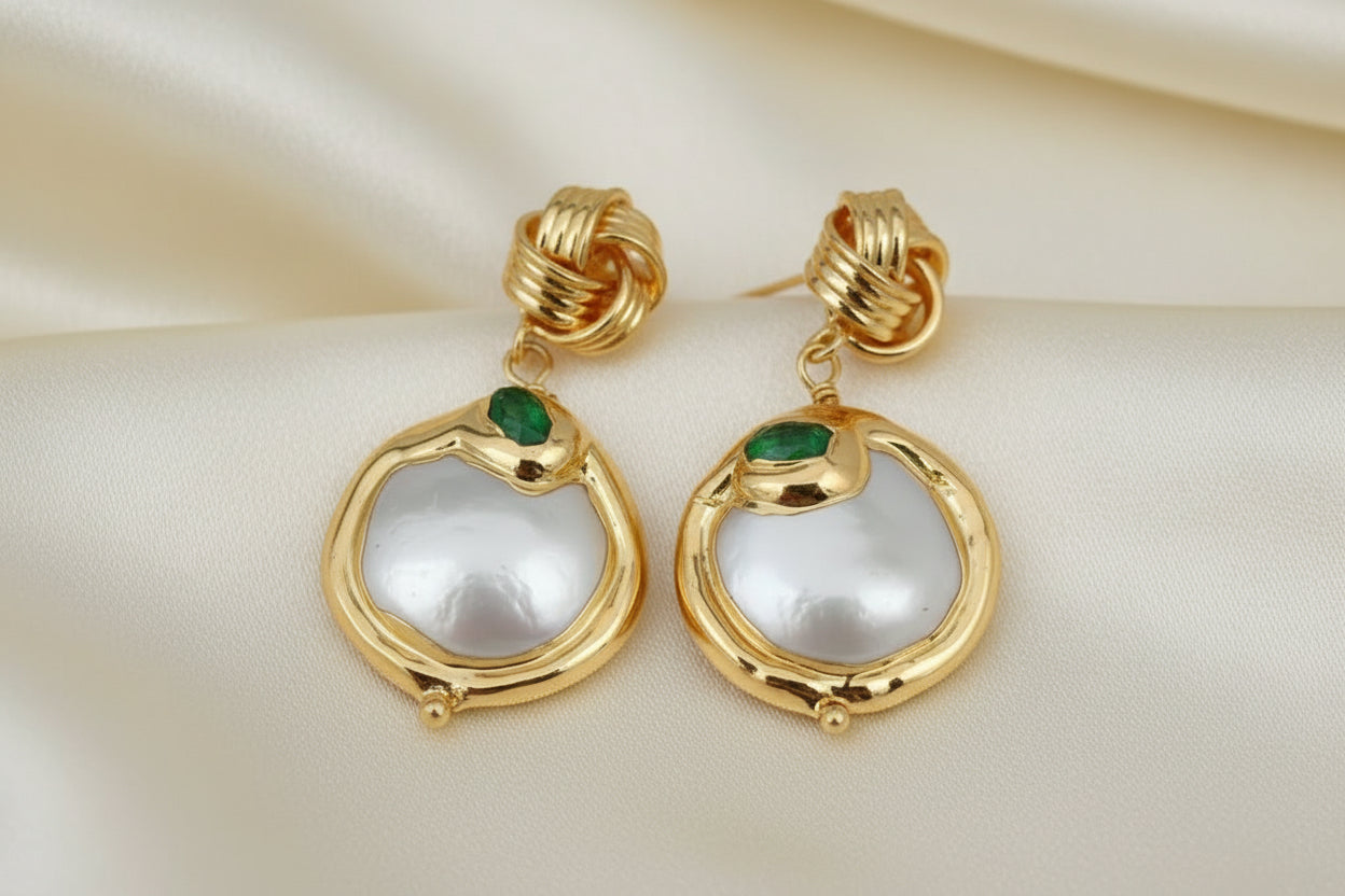 White Coin Pearl Green Jade Dangle Earrings 1.5”