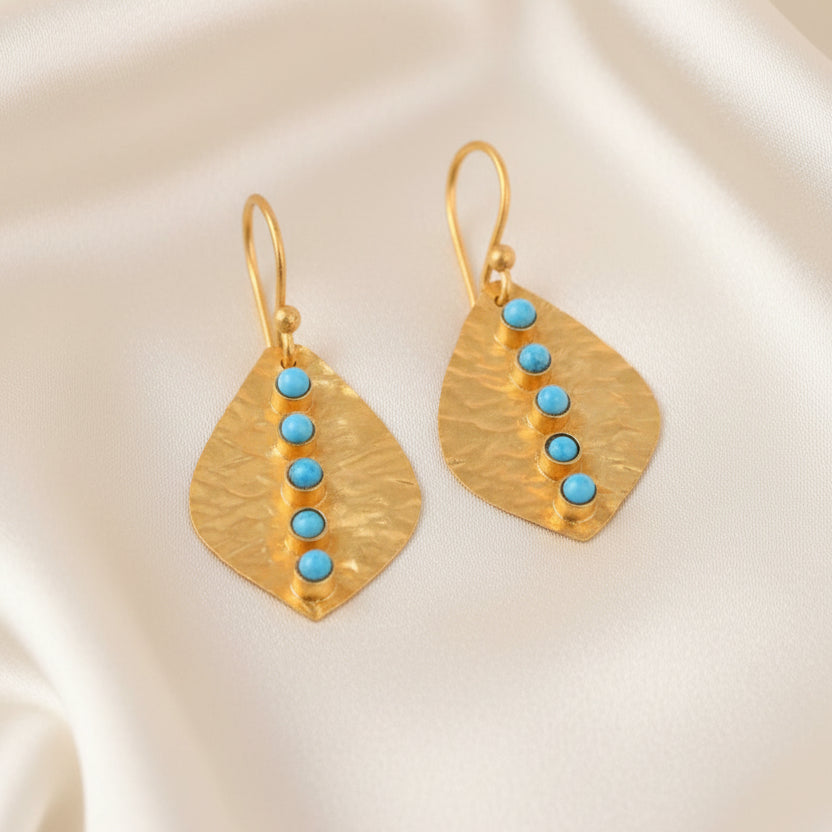 Petite 22k Gold Leaf Hammered Turquoise Earrings 1.0”