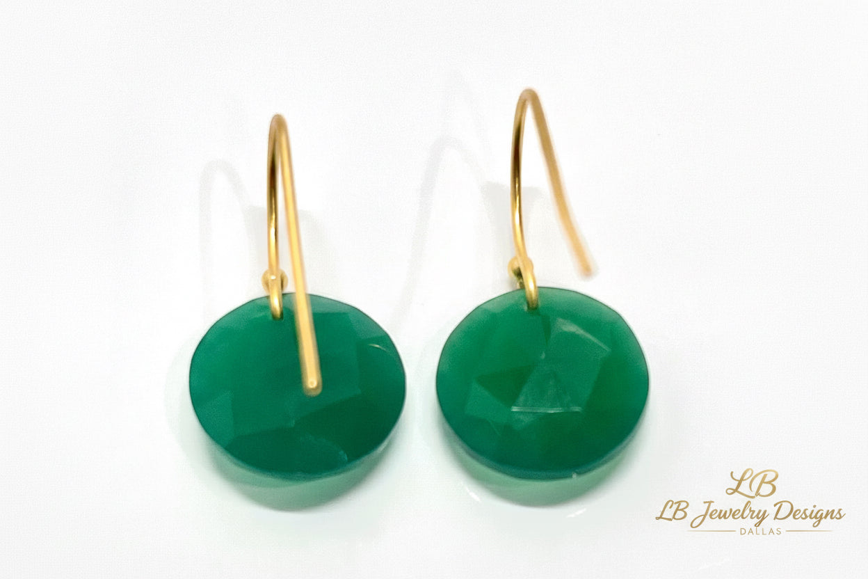 Green Onyx Gold-Filled Briolette Dangle Earrings – 15mm Gemstone Drops - 1.5”
