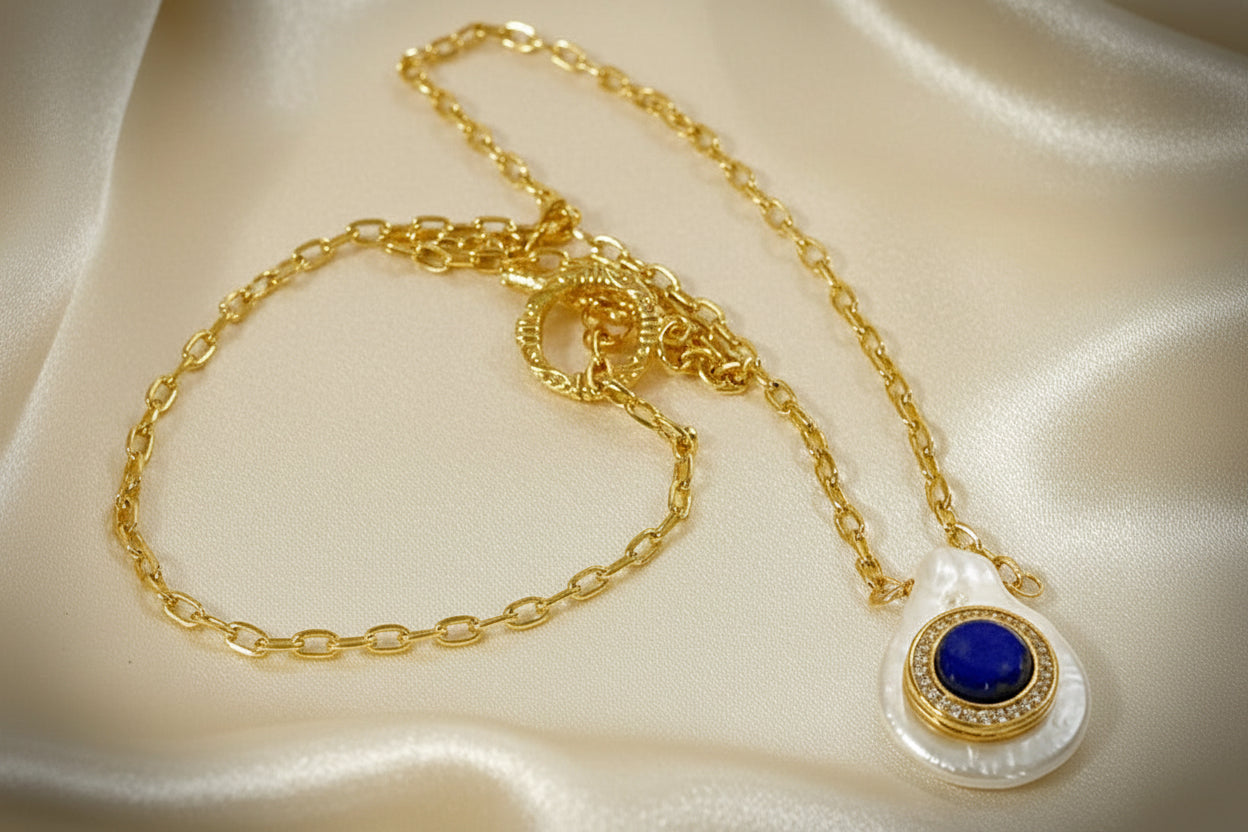 Capri Azure Lapis & Pearl Pendant Necklace, Stud Earrings & Bracelet Set – Gold Vermeil Coastal Luxury Jewelry