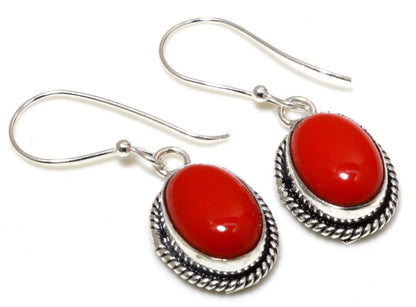 Red Coral Sterling Silver Dangle Earrings - Oval & Teardrop Gemstones