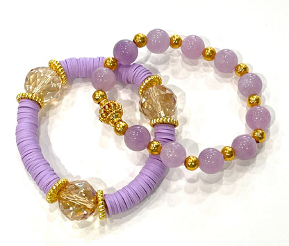 Purple Amethyst & Heishi Beaded Gold Stacking Bracelets