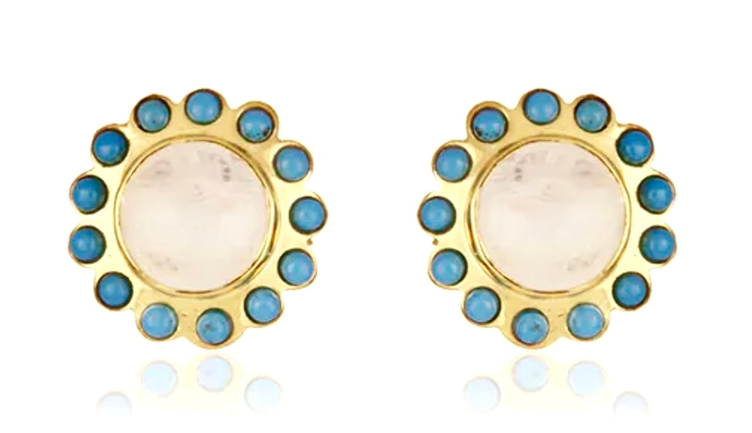 Capri Moonstone & Turquoise Halo Gold Vermeil Stud Earrings | Coastal Luxury Jewelry