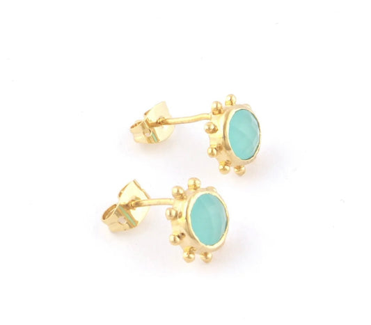 Tiny Nautical Aqua Chalcedony Gemstone Studs 0.39