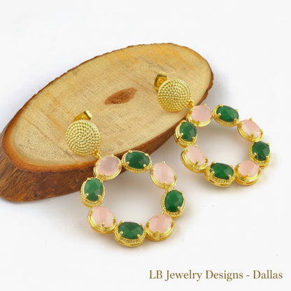 Pink Quartz & Green Onyx Gold Vermeil Circle Statement Earrings 2"