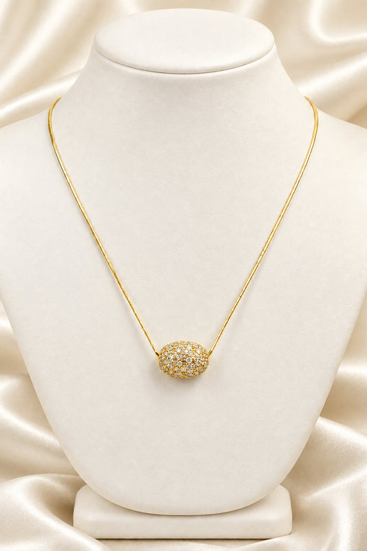 Gold Micro Pave Oval Egg Pendant Chain Necklace 18