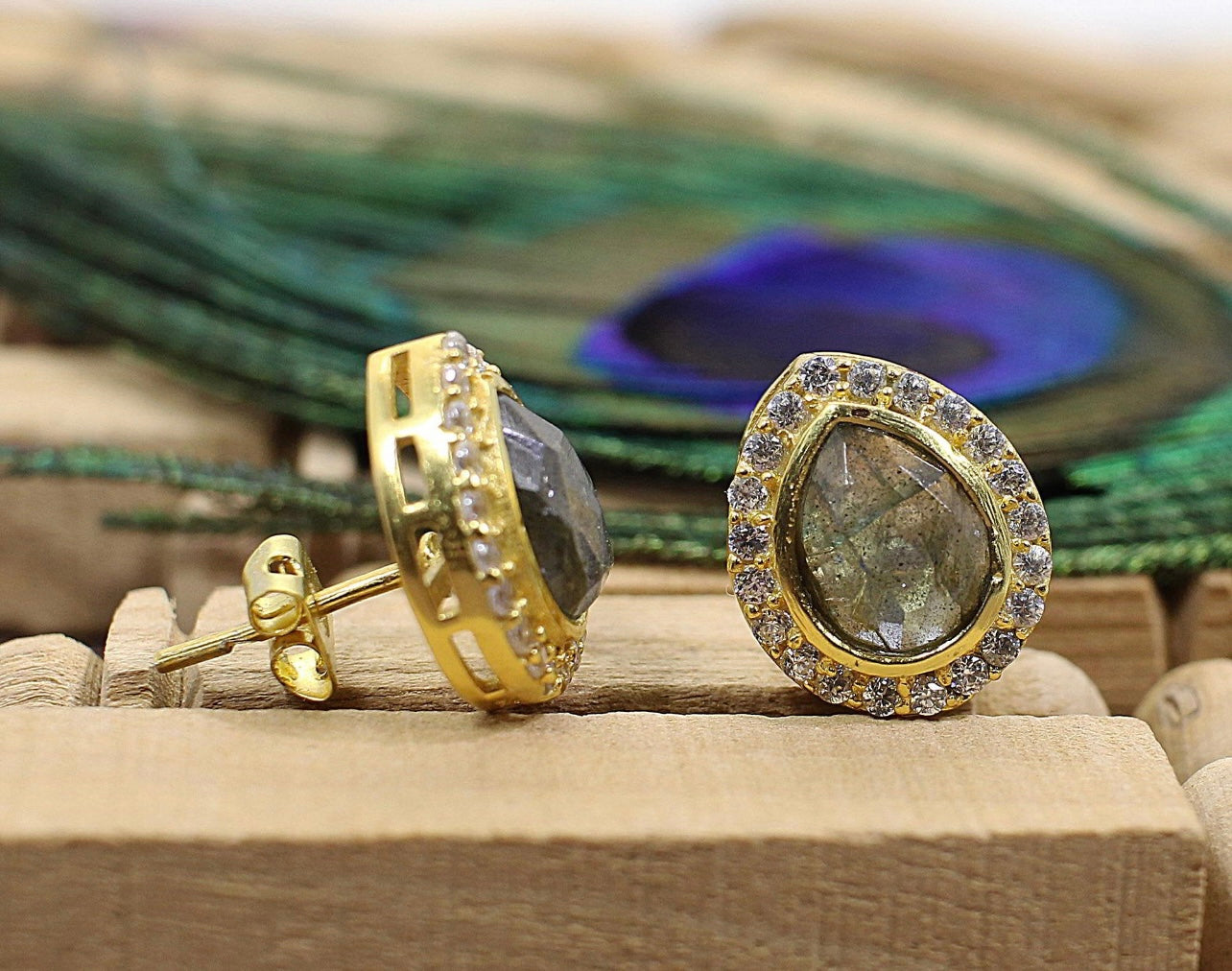 Fire Labradorite Zircon Stud Earrings 1"