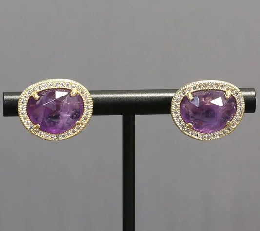 Purple Amethyst Bezel Pave Stud Earrings