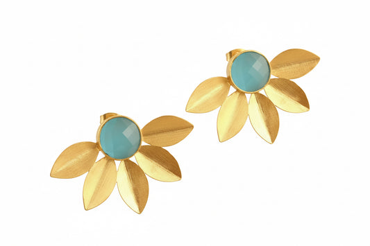 Leaf Design 18k Brushed Gold Vermeil Chalcedony Gemstone Studs 1.5”