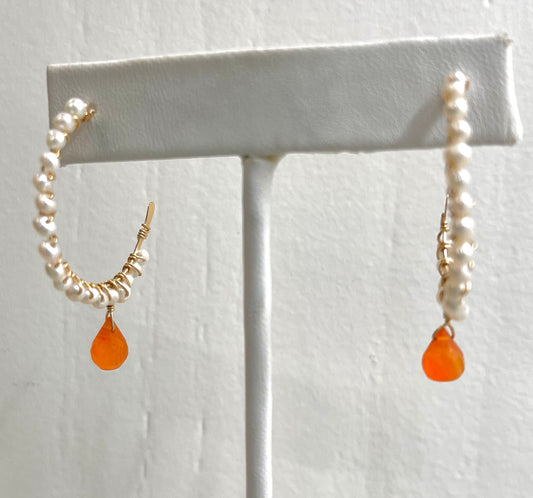 Gold Wire-Wrapped Freshwater Pearl & Carnelian Hoop Earrings