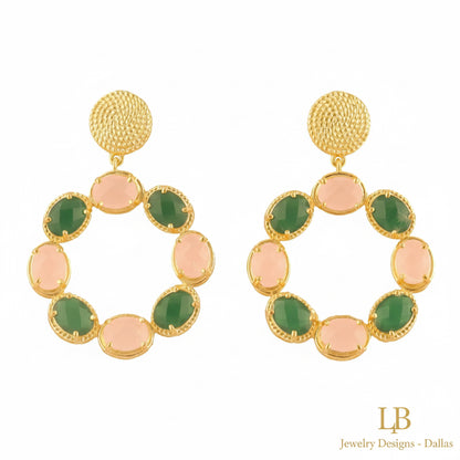 Pink Quartz & Green Onyx Gold Vermeil Circle Statement Earrings 2"