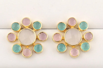 Pink, Aqua & White Gemstone Earrings 1”