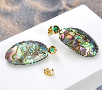 Iridescent Rainbow Abalone Shell Green Pave Stud Statement Earrings 1.5"