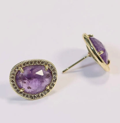 Purple Amethyst Bezel Pave Stud Earrings