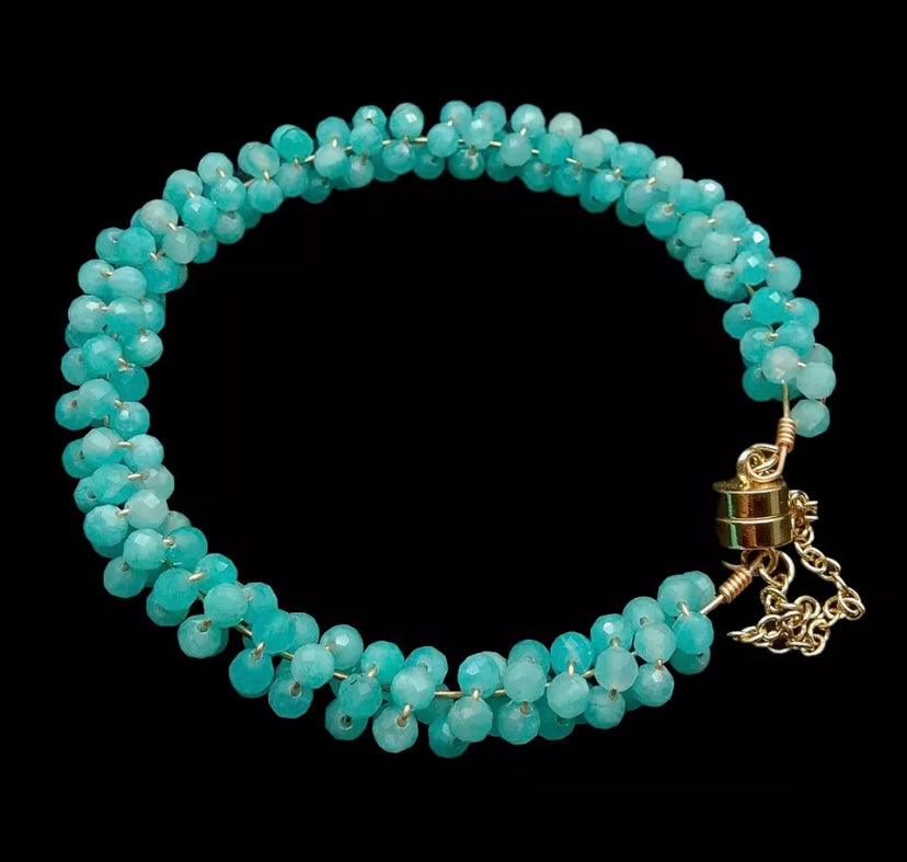 Larimar Gemstone Bracelet – Coastal Blue Faceted Bead Bracelet with Gold Magnetic Clasp