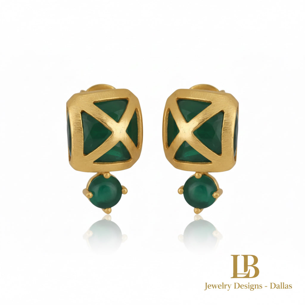 Green Onyx Gold Stud Earrings 1”