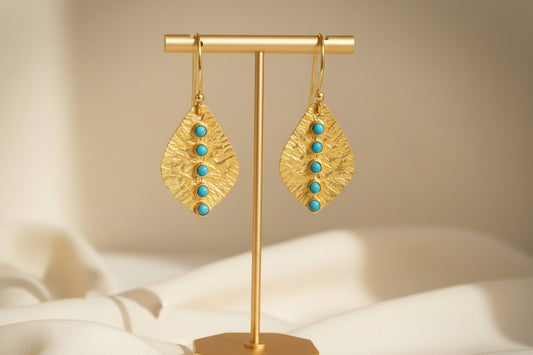 Capri Petite Hammered Gold Leaf & Natural Turquoise Drop Earrings | 22k Gold Vermeil