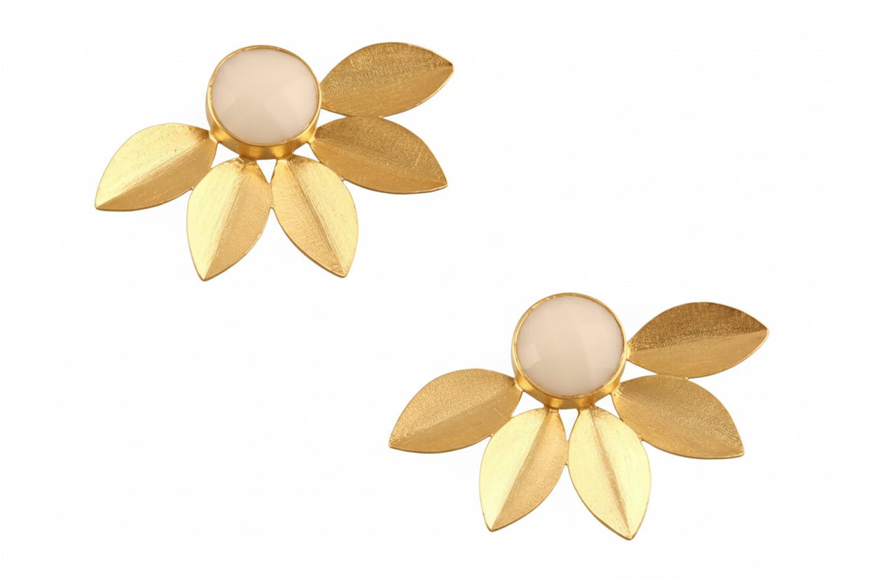 Leaf Design 18k Brushed Gold Vermeil Chalcedony Gemstone Studs 1.5”
