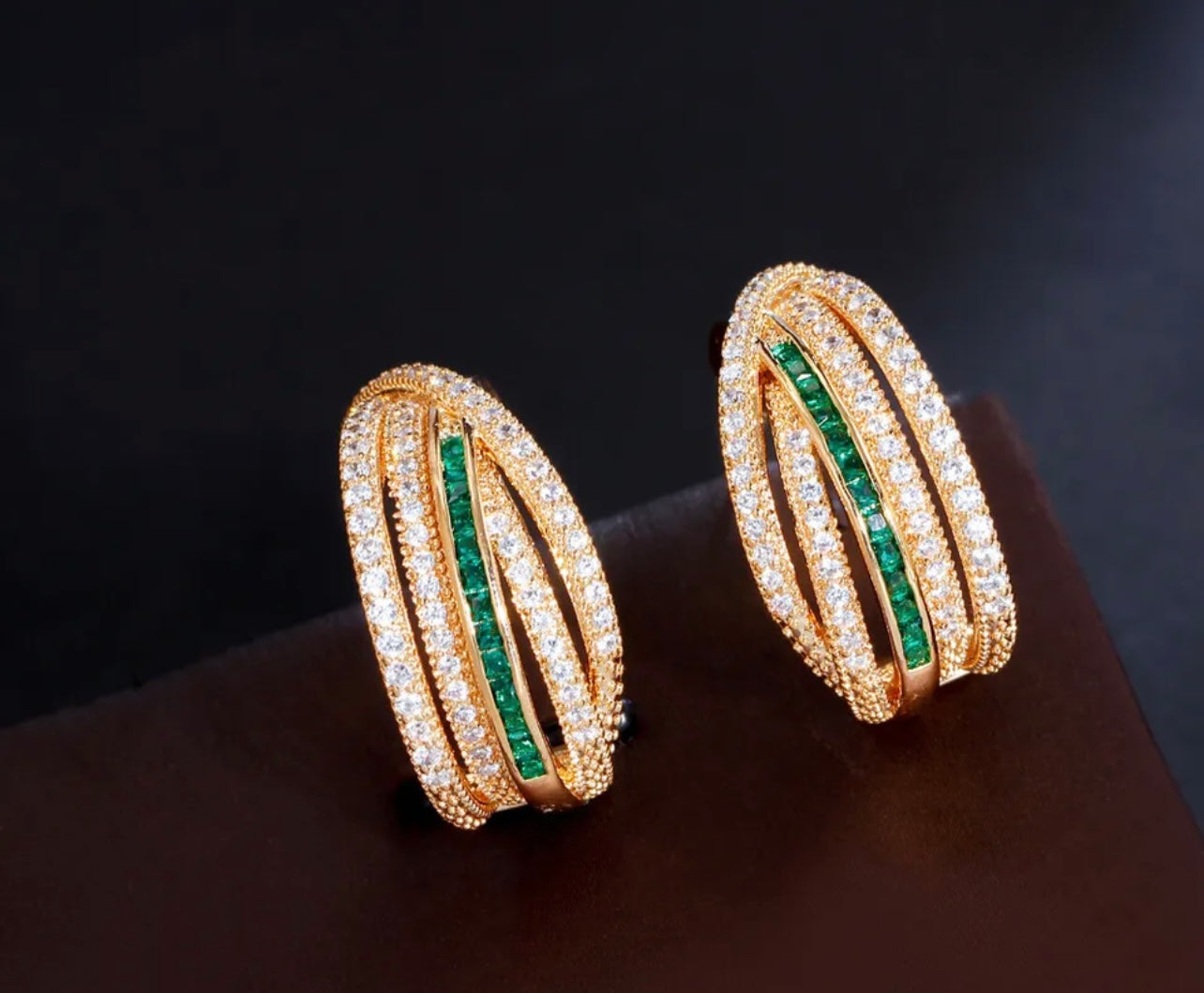 Gold Hoops Green & White Pave Earrings