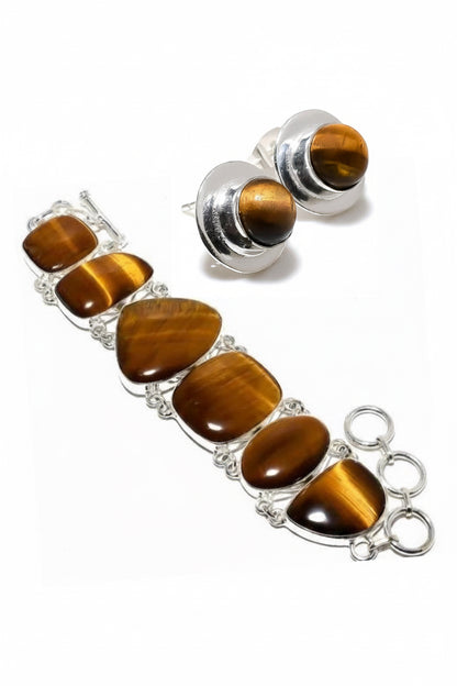 Montecito Tiger’s Eye Sterling Silver Jewelry Set – One of a Kind Tiger’s Eye Bracelet & Stud Earrings