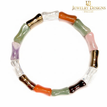 Multicolor Gemstone Bamboo Bracelet – Carnelian, Tiger’s Eye, Amethyst & Aventurine