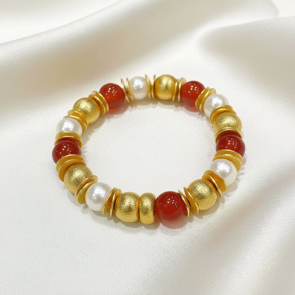 Capri Carnelian & Pearl Coastal Luxury Jewelry Set - 18k Gold Filled Necklace, Bracelet & Hoop Earrings