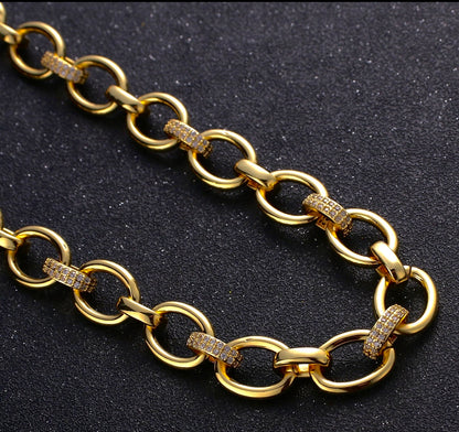 18k Gold-Filled Chunky Rolo Cable & Pave Crystal Gold Chain Necklace