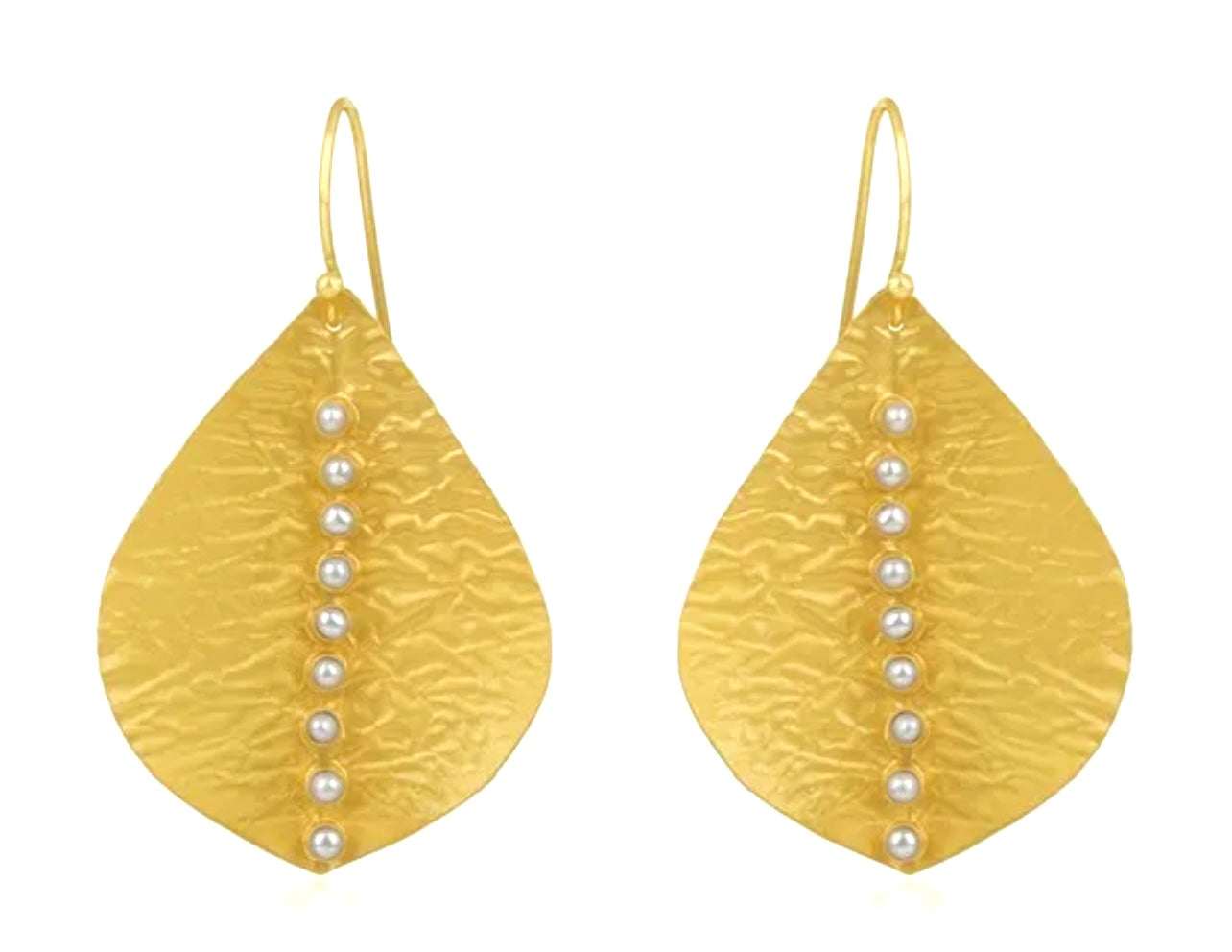 Hammered 22k Gold Leaf  Pearl Statement Earrings 2.5”