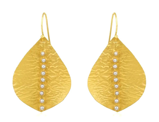 Hammered 22k Gold Leaf  Pearl Statement Earrings 2.5”