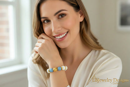 Blue Angelite & White Alabaster Gold Bali Bracelet