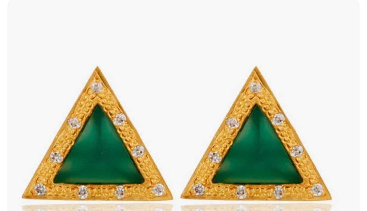 Petite Green Onyx & Zirconia Gemstones Triangle Gold Studs
