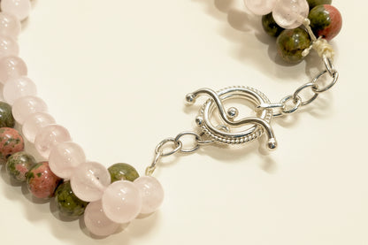 Montecito Earthstone Necklace: Unakite & Rose Quartz Triple-Strand Statement Necklace - 24” Natural Gemstone Jewelry