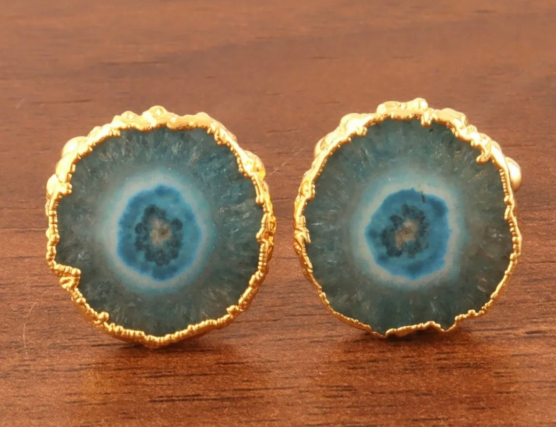 Cufflinks - Teal Geode 24k Gold Electroplated